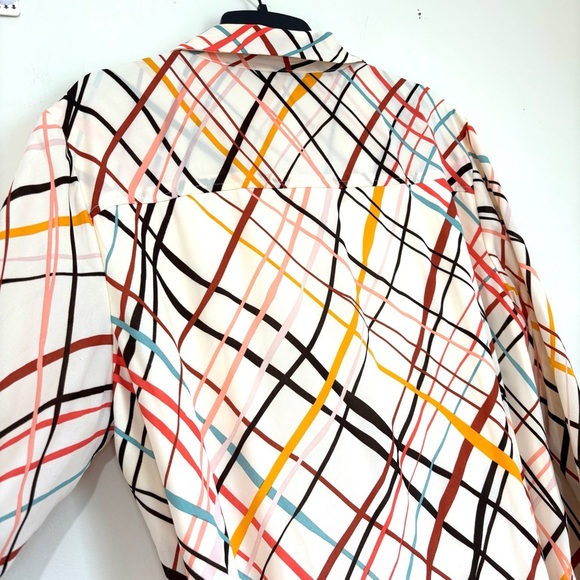 New York & Co. cream monogram button up V-neck long sleeve chiffon shirtdress XL - Picture 7 of 16